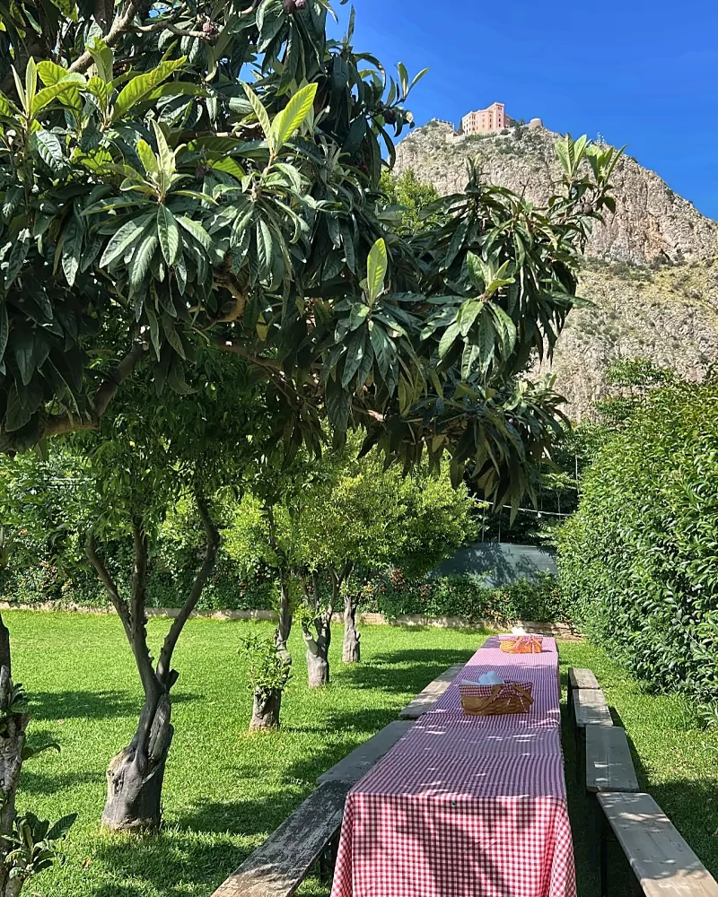 La tavolata con la tovaglia a quadretti sotto gli alberi, con il Castello Utveggio sullo sfondo